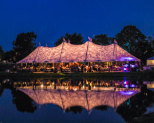 Blue Peak Tents of West Chicago, Ill., installed one of Aztec Tents’ Tidewater tents for a lakeside wedding in Oakbrook, Ill. Lighting effects included a leaf pattern and pin spots bouncing off numerous crystal chandeliers over the dance floor.