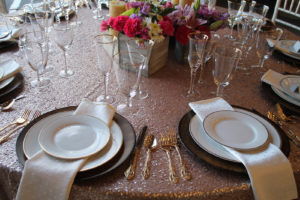 Sequins add a classic yet unique flair to today’s table designs. Photo courtesy of Celebrations! Party Rentals and Tents.
