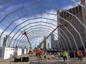 This Las Vegas event site presented many challenges, including fresh fill. Classic Party Rental’s crew secured the structure with longer-than-normal anchors designed for that purpose.