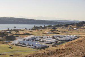 Arena Americas provided more than 400,000 square feet of tenting for the 2015 U.S. Open Championship held at Chambers Bay in University Place, Wash. Shown here are corporate hospitality structures and those used for back-of-house support, with views of holes six, seven and 10. Photo courtesy of Arena Americas.