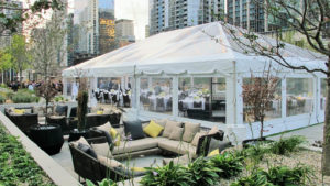Blue Peak Tents constructed this 40-by-60-foot clear top tent for a private event on the 4th story terrace of a boutique hotel in downtown Chicago. Photo: Blue Peak Tents.