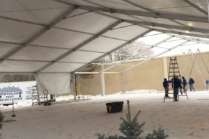 Snow started falling when the crew from Northeast Tent Productions began assembling the framework for a 20-meter clearspan structure, installed for a March 2015 charity fundraiser. Photo: Northeast Tent Productions
