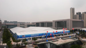 A 30-by-120-meter double-decker structure offered a large advertising space that greeted attendees of an international robotics and intelligent equipment exhibition in China. Photo: KENTEN