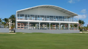 An arcum-shaped dome double decker by Liri Tent U.S. on the 18th hole of the Puerto Rico Open at Coco Beach offered a new level of luxury for spectators. Photo courtesy of All Seasons Event Rental.