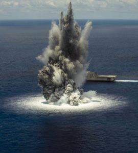  The USS Jackson successfully completes the first of three full-ship shock trials. The shock trials demonstrate the ship’s ability to withstand the effects of a nearby underwater explosion. U.S. Navy photo by Mass Communication Specialist 2nd Class Michael Bevan.
