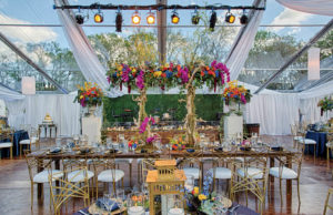 A wedding at a Texas golf resort celebrates nature with a blend of vintage and modern elements. Gnarled-wood centerpiece bases wrapped in vines and topped with bold flowers form a canopy over vintage wind tables and flooring. Wedding coordinator: Clearly Classy Events. Photo by Bryant Hill Media.