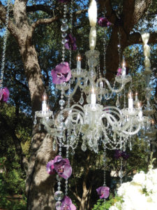 Purple flowers adorn a chandelier hung from a tree in a dazzling display that brings the inside out. Wedding coordinator: Clearly Classy Events. Photo by Sherry Hammonds Photography.