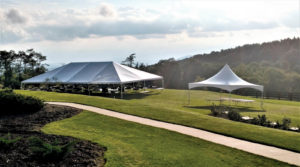 Hendersonville Tents Party and Event Rentals installed this 40-by-70-foot tent alongside a 20-by-20-foot serving tent for the Carolina Mountain Land Conservancy fund-raising gala. Located on the top of Bearwallow Mountain, the event offered breathtaking 360-degree views of the Hendersonville/Asheville, N.C., area. 