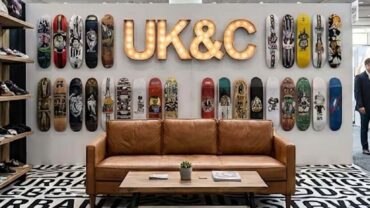 Stylish booth featuring a brown leather couch with a wooden table, surrounded by colorful skateboards and bold black-and-white text on the carpet.
