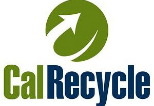 Green circular logo with a white arrow, alongside the text "CalRecycle" in green and blue.