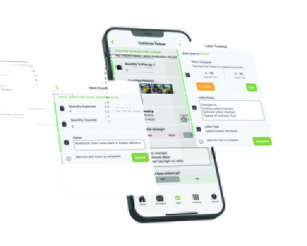 Mobile phone displaying a user interface for item tracking and labor management, featuring lists, checkboxes, and note fields in a clean layout.