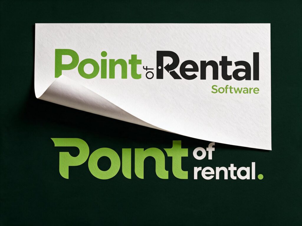 Logo reveal featuring "Point of Rental" in bold black and green text with a page curl effect, set against a dark background.