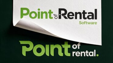 Logo reveal featuring "Point of Rental" in bold black and green text with a page curl effect, set against a dark background.