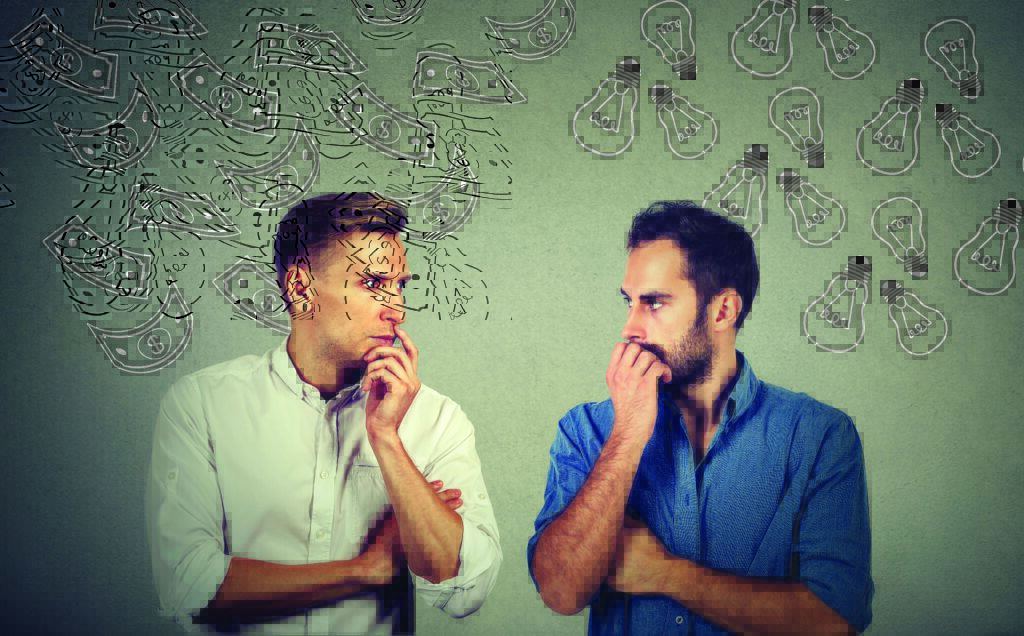 Two men, one in a white shirt and the other in a blue sweater, stand facing each other with thoughtful expressions. Dollar bills and light bulbs are sketched in the background, illustrating a contrast between money and ideas.