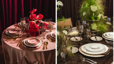 Three elegantly designed dining tables, each featuring distinct centerpieces and tableware. Soft reds, greens, and blues complement lush greenery.